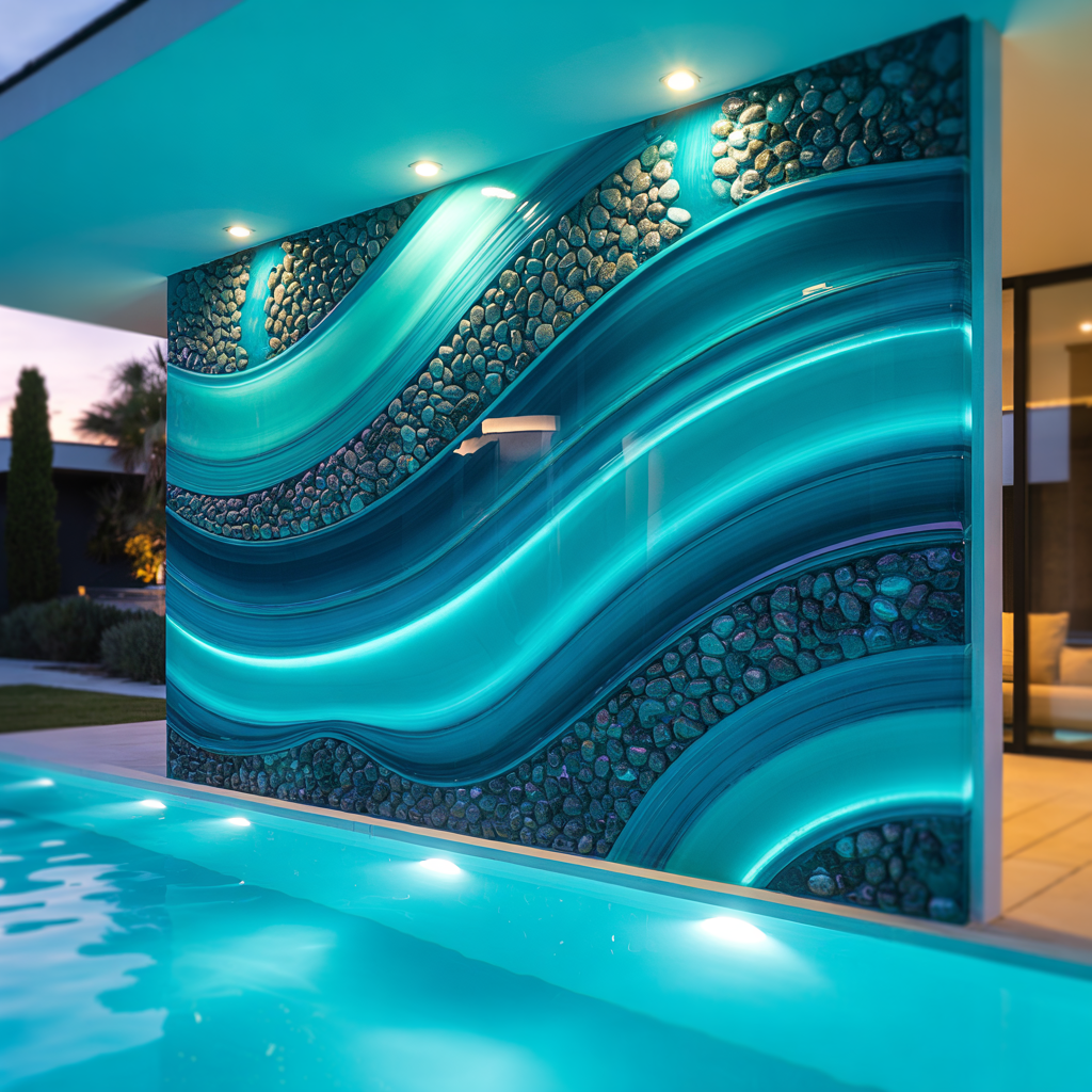 Pool Feature Wall – High Gloss Resin with Pebble Texture (Modern Contemporary Style):