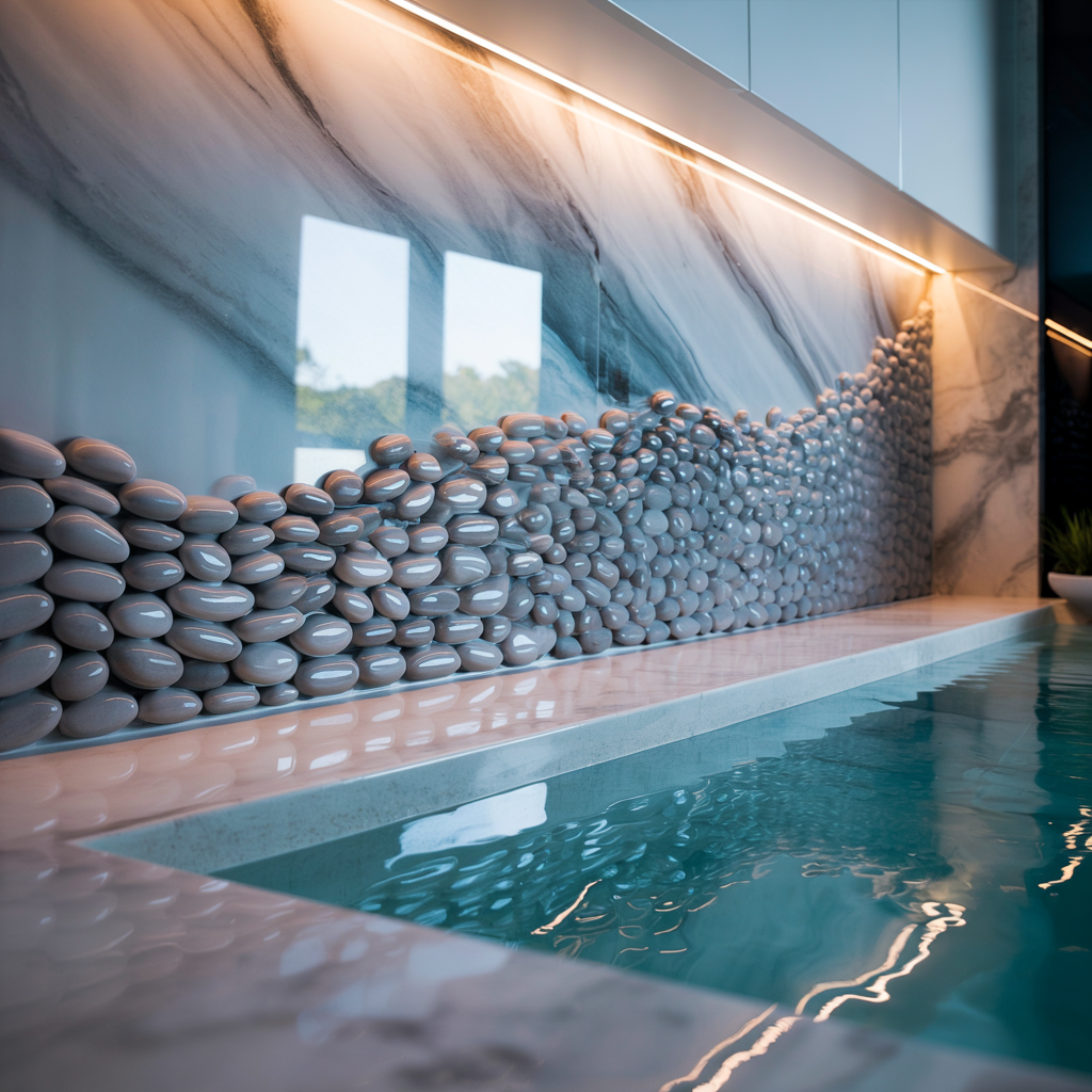 Pool Feature Wall – High Gloss Resin with Pebble Texture (Modern Contemporary Style):