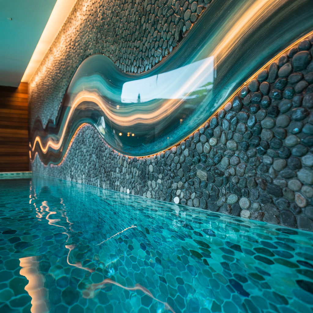 Pool Feature Wall – High Gloss Resin with Pebble Texture (Modern Contemporary Style):