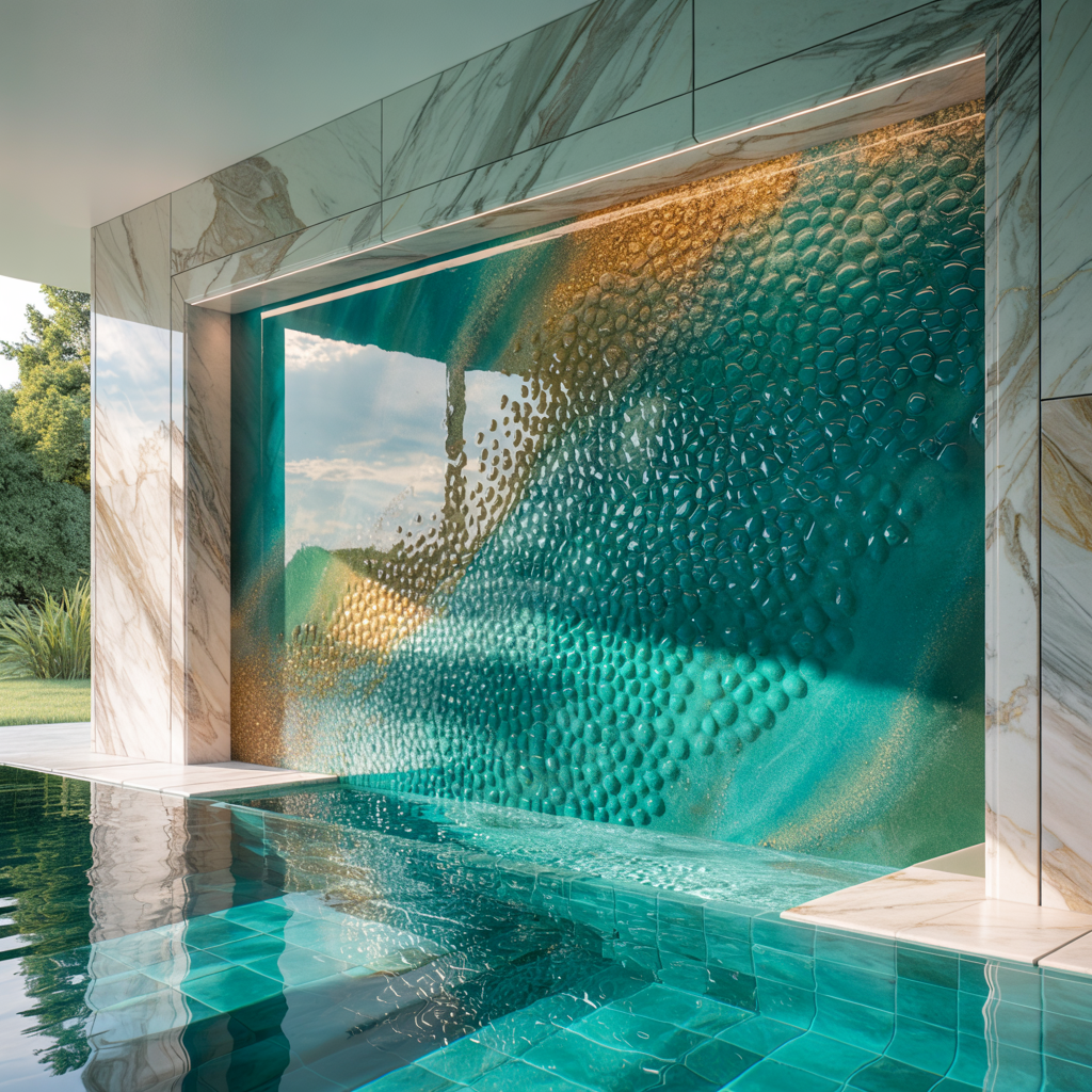 Pool Feature Wall – High Gloss Resin with Pebble Texture (Modern Contemporary Style):