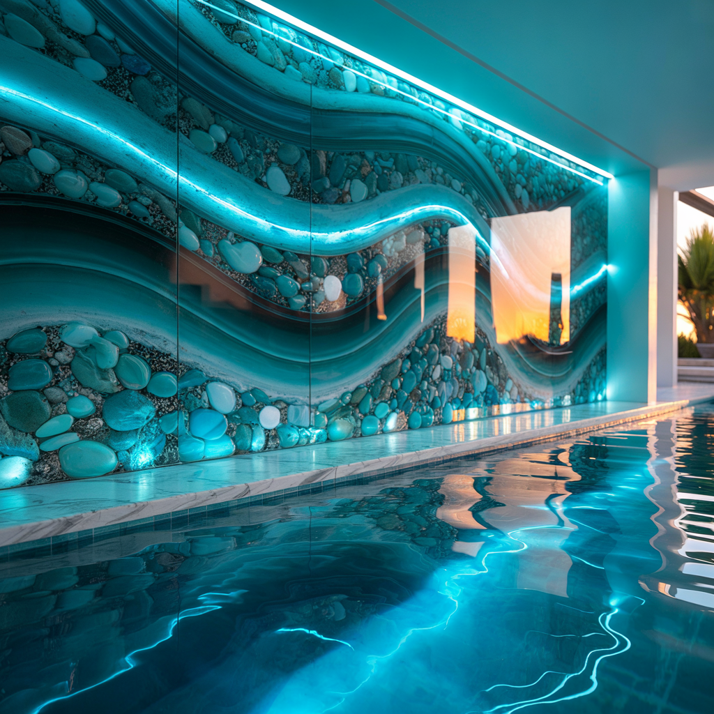 Pool Feature Wall – High Gloss Resin with Pebble Texture (Modern Contemporary Style):