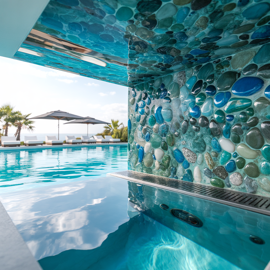 Pool Feature Wall – High Gloss Resin with Pebble Texture (Modern Contemporary Style):