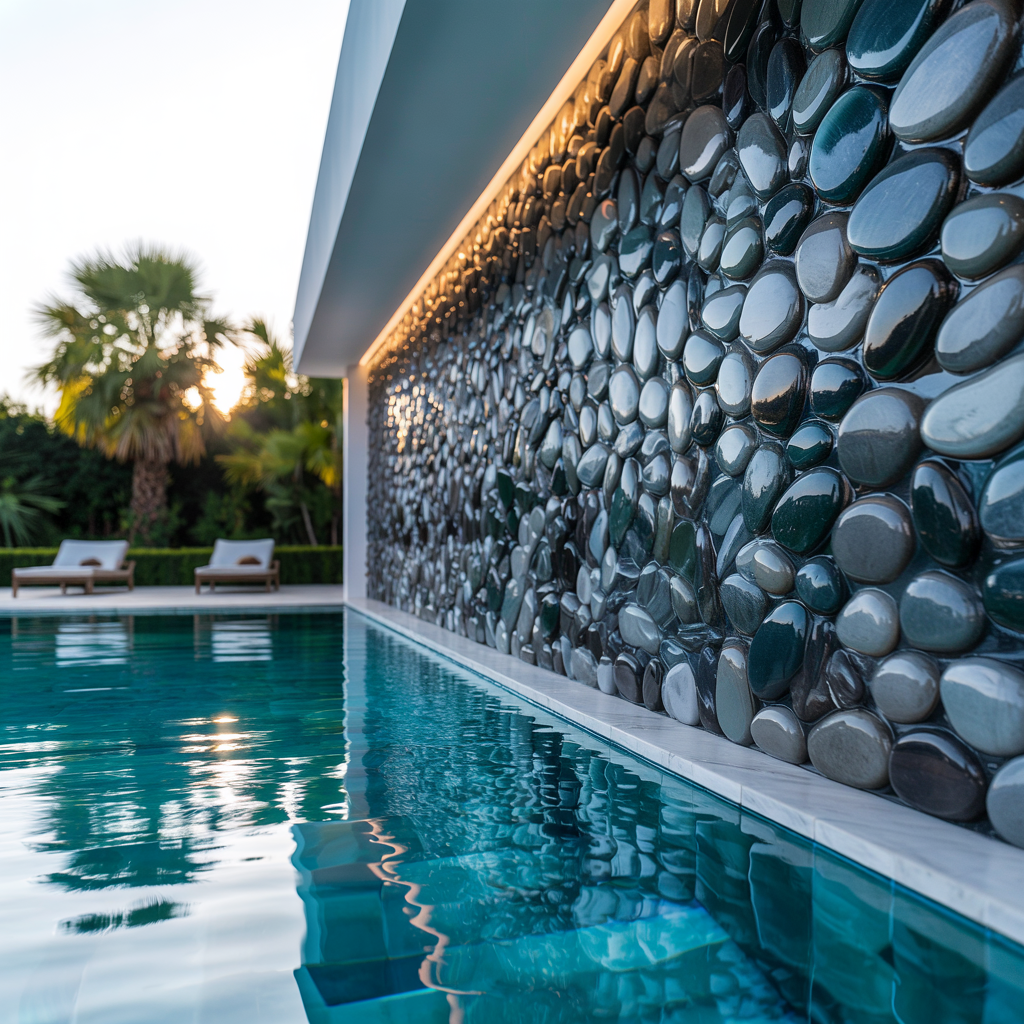 Pool Feature Wall – High Gloss Resin with Pebble Texture (Modern Contemporary Style):