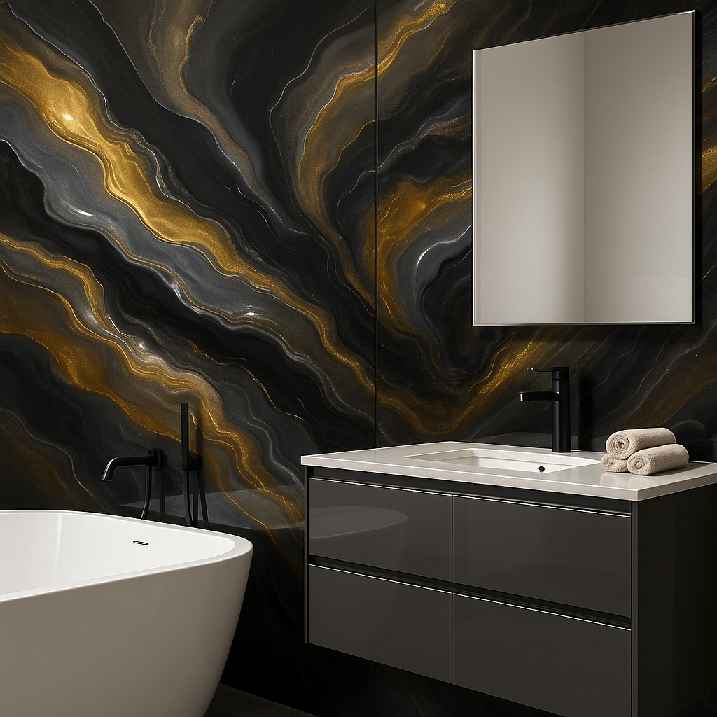 High Gloss Resin Bathroom Splashbacks – Modern Metallic Elegance